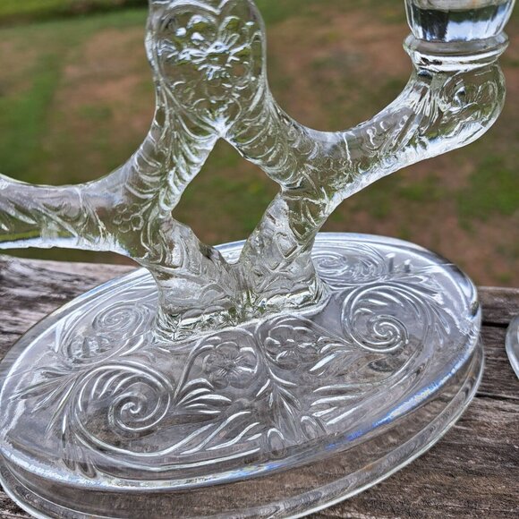 Vintage Floral Clear Pressed Art Deco Glass Double Candle Holders 5" Tall - Picture 5 of 6